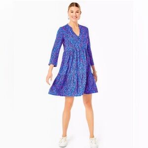 NWT Lilly Pulitzer Alaina 3/4 Sleeve Dress blue flare growl and prowl XS